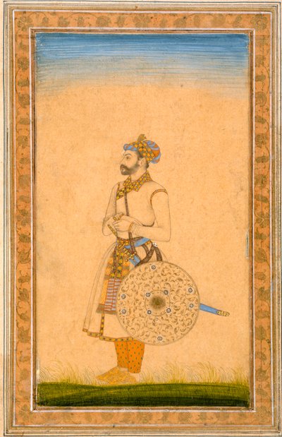 Een officier, staand, met zwaard en schild, uit het Kleine Clive Album, ca. 1600 door Mughal School
